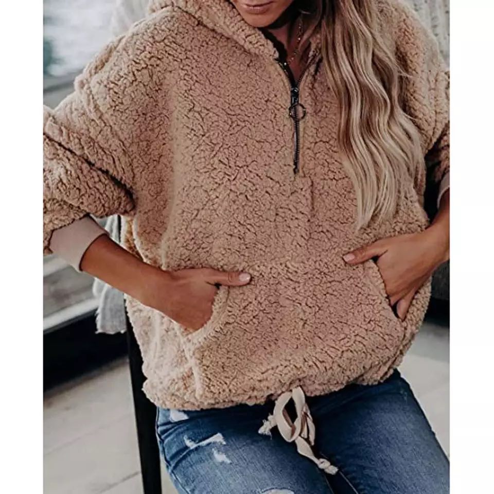 Fashion Women Casual Solid Velvet Long Sleeve Hooded Zipper Pocket Sweatshirt