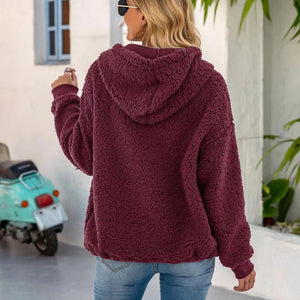 Fashion Women Casual Solid Velvet Long Sleeve Hooded Zipper Pocket Sweatshirt