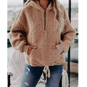 Fashion Women Casual Solid Velvet Long Sleeve Hooded Zipper Pocket Sweatshirt