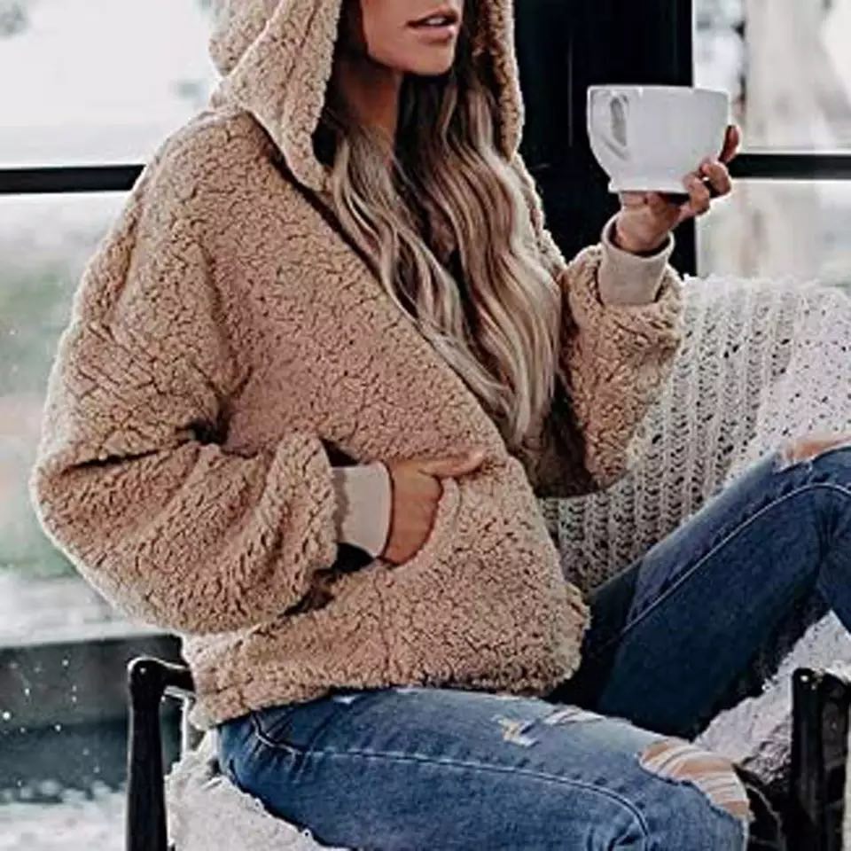 Fashion Women Casual Solid Velvet Long Sleeve Hooded Zipper Pocket Sweatshirt