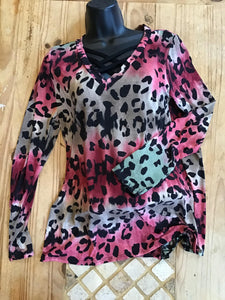 LONG SLEEVE CHEETAH/ LEOPARD PRINT SHIRT WITH DOUBLE CROSS STITCH