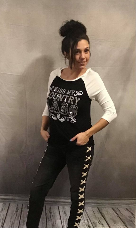 Kiss My Country Sass Women's Western Top Fitted 3/4 sleeve tee with a round neck and rhinestone detail
