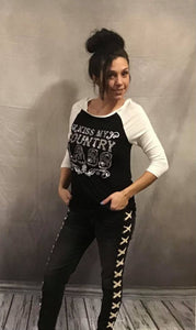 Kiss My Country Sass Women's Western Top Fitted 3/4 sleeve tee with a round neck and rhinestone detail