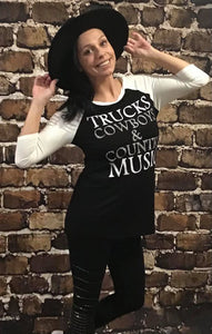 Trucks Cowboys Western Top Fitted 3/4 sleeve tee with a round neck and rhinestone detail