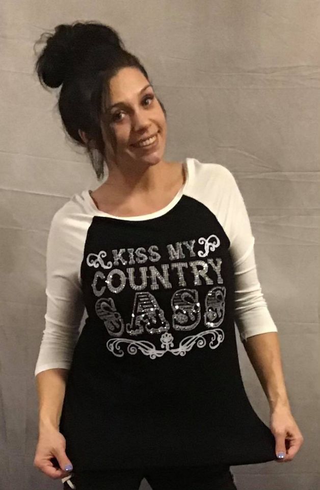 Kiss My Country Sass Women's Western Top Fitted 3/4 sleeve tee with a round neck and rhinestone detail