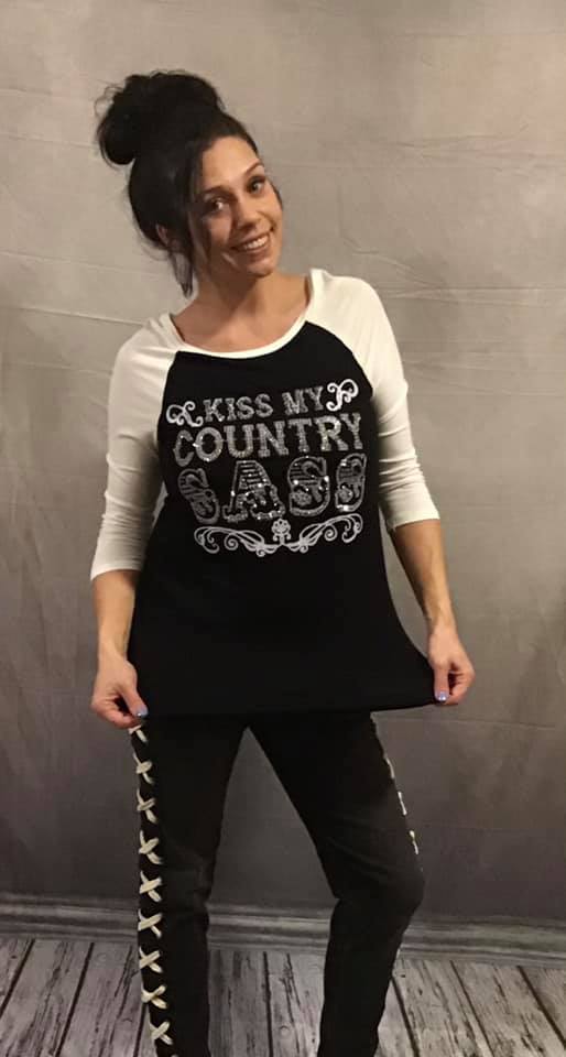 Kiss My Country Sass Women's Western Top Fitted 3/4 sleeve tee with a round neck and rhinestone detail