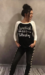 LIPSTICK AND WHISKEY Women's Western Top Fitted 3/4 sleeve tee with a round neck and rhinestone detail