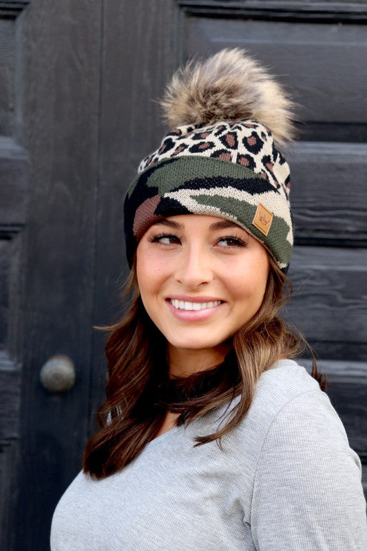 Camo Cheetah Print  Fleece lined Beanie Tuque hat with pom