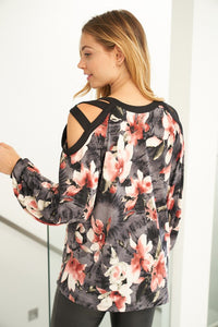 Long Sleeve Floral Print Knit Top Cut open Shoulders
