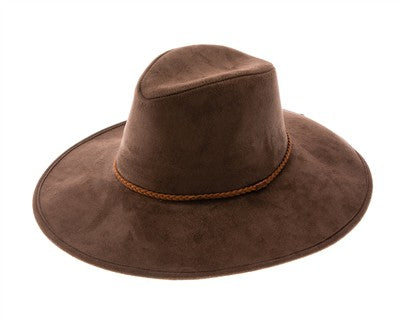 Faux suede wide brim panama hat with braided band and stiff brim Hat