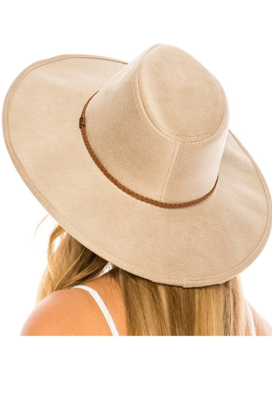 Faux suede wide brim panama hat with braided band and stiff brim Hat