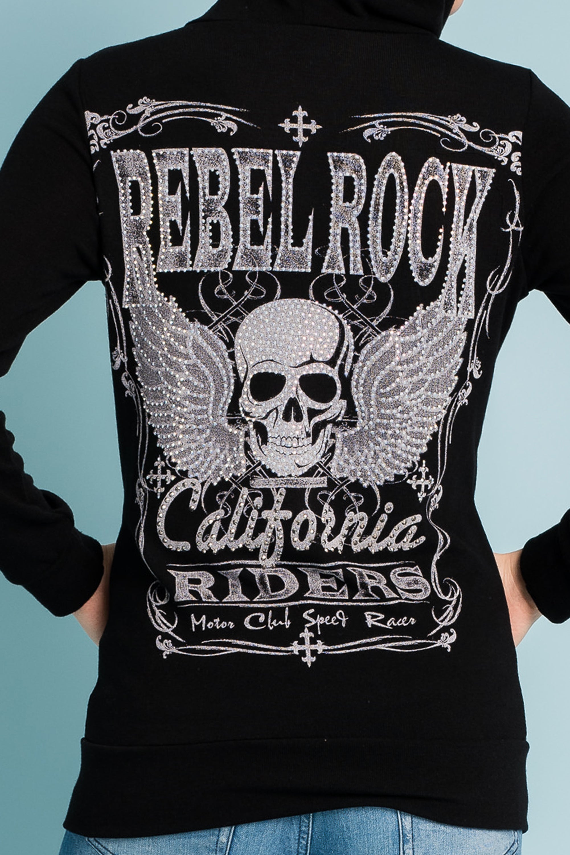 Rebel rock bikers prints Skull and wings with stones details Hooded with pockets tattoo graphic print rhinestone PUNK BIKER TOP