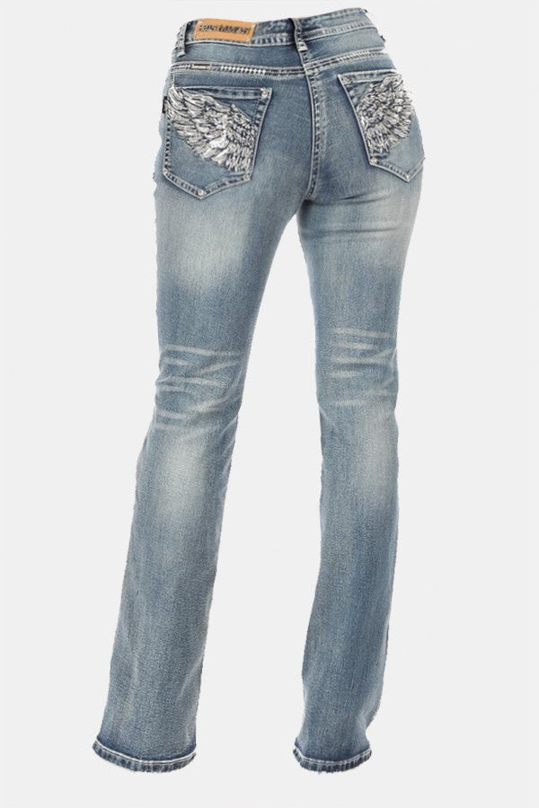 Plus Boot cut denim biker jeans Stunning rhinestone, sequence angel wing embroidery on a boot-cut denim jean with extra detailing on yoke & pocket trims