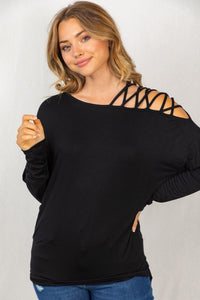 Sexy Black Cold Shoulder long sleeve solid knit top with a boat neck featuring a lattice shoulder