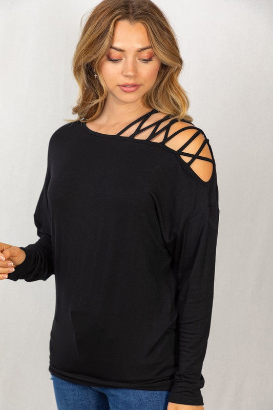 Sexy Black Cold Shoulder long sleeve solid knit top with a boat neck featuring a lattice shoulder