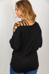 Sexy Black Cold Shoulder long sleeve solid knit top with a boat neck featuring a lattice shoulder