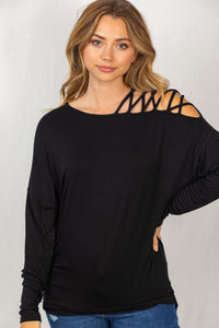 Sexy Black Cold Shoulder long sleeve solid knit top with a boat neck featuring a lattice shoulder