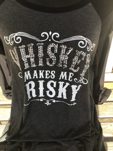 Whiskey makes me frisky Women's Western Top Fitted 3/4 sleeve tee with a round neck and rhinestone detail