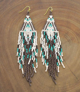 Extra Long Navajo Seed Bead Fringe Earrings of Natural Bead Hoop Bohemian women’s fashion  style earrings