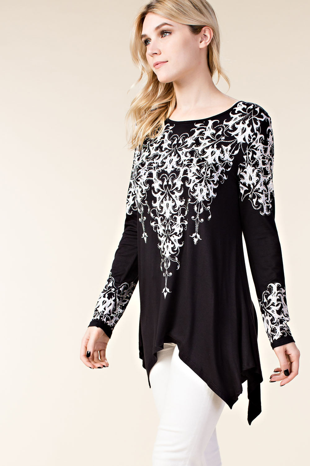 Women's Long sleeve with print and stones Graphic Print Black & White Tunic L/S Shirt Embellished in Rhinestones