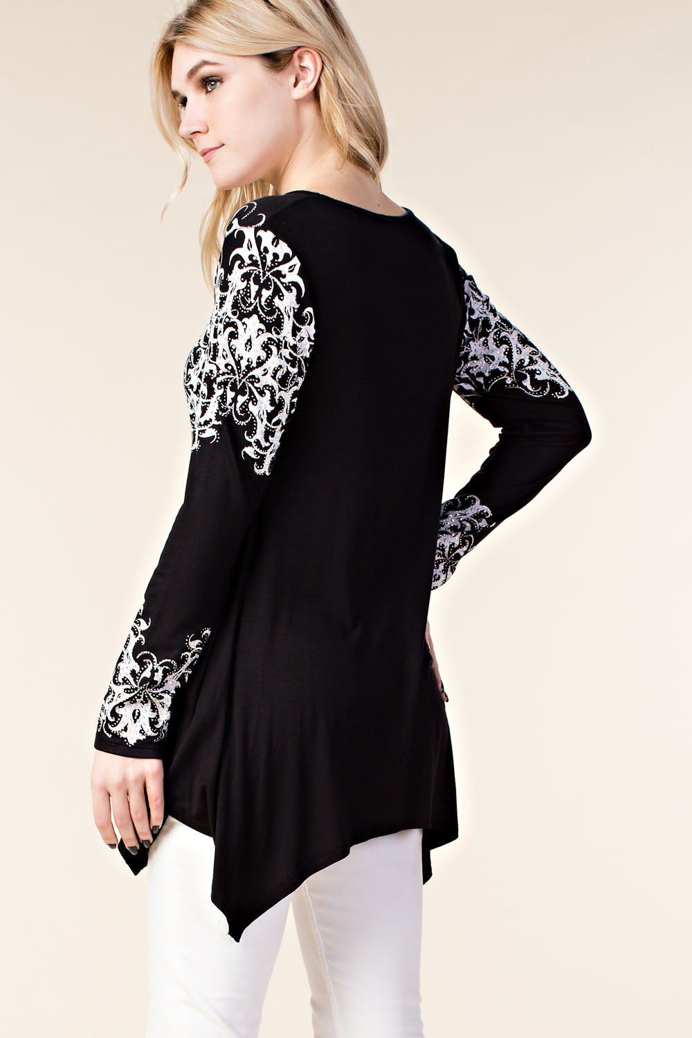 Women's Long sleeve with print and stones Graphic Print Black & White Tunic L/S Shirt Embellished in Rhinestones