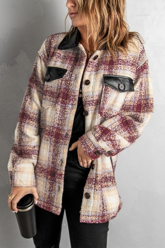 Wine/ Brown Plaid Button-up Shacket