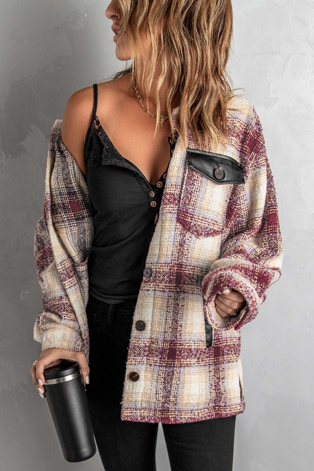 Wine/ Brown Plaid Button-up Shacket