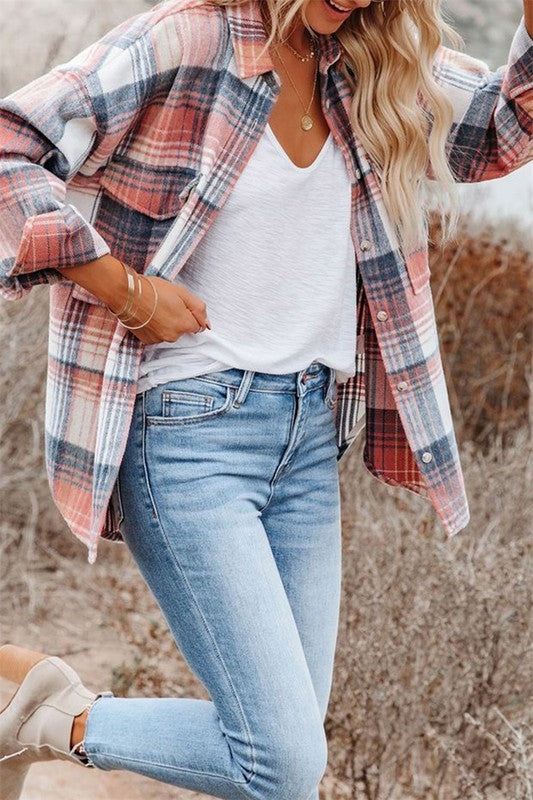 Pink Plaid Flap Pockets Shacket Jacket With Front Chest Pockets