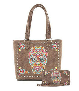 Coffee Bling Skull Face Embroidered Tote and Wallet Set