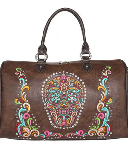 Embroidered Sugar Skull on the front Accented with silver and crystal studs weekender bag