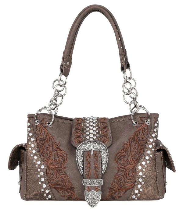 West Buckle Collection Concealed Carry Satchel Vintage floral embossed and embroidered