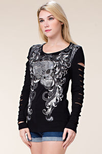 Long Sleeve Sugar Skull Top With Tattoo Print and Rhinestones