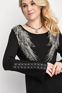 Angel Wings Lace Up Sleeve Shirt CRYSTAL BLACK ANGEL WINGS  TOP SHIRT S M L XL USA