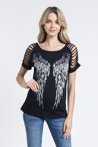 Ladies Black Laser Cut Short Sleeve With Wings Gorgeous