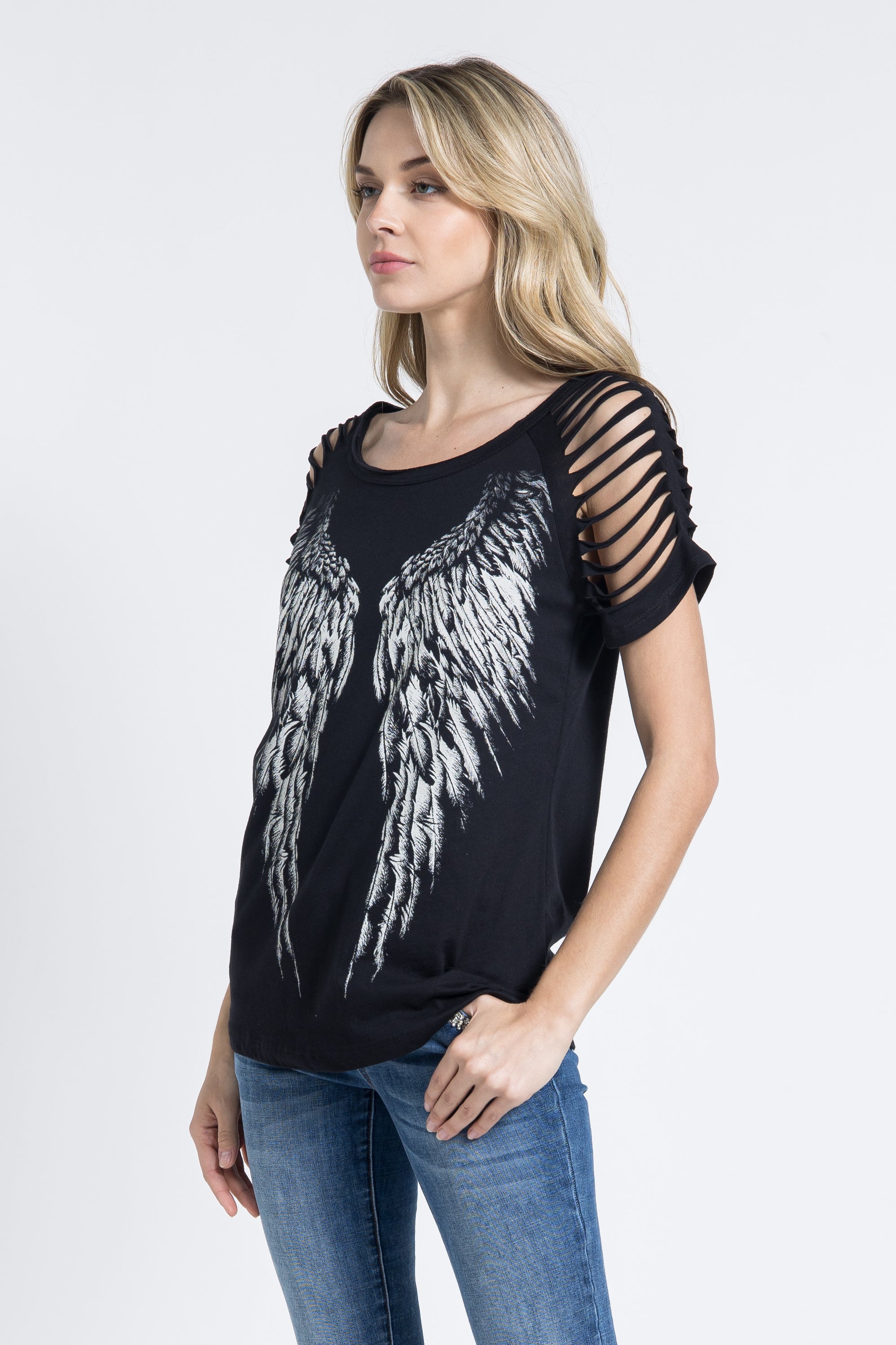 Ladies Black Laser Cut Short Sleeve With Wings Gorgeous