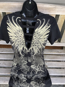 Woman’s gorgeous tattoo wings rhinestone short sleeve V-neck top open back