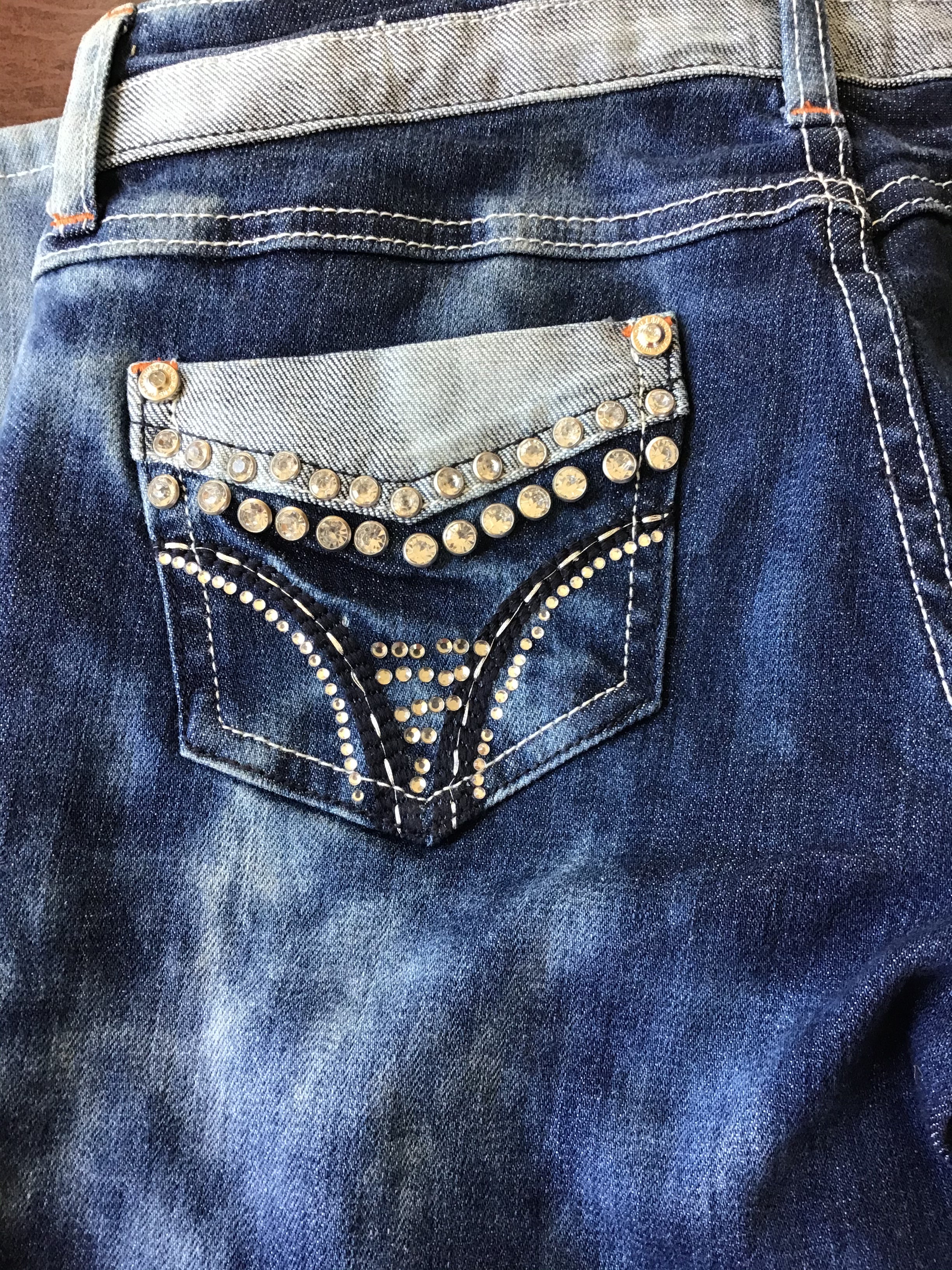 Sale stonewash boot cut rhinestone double button low rise jeans last pair Women'd  Dark Blue Denim Waist