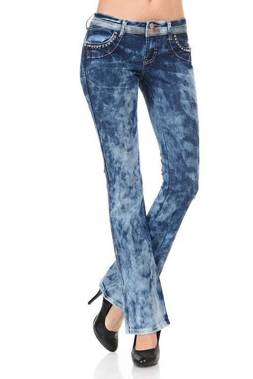 Sale stonewash boot cut rhinestone double button low rise jeans last pair Women'd  Dark Blue Denim Waist