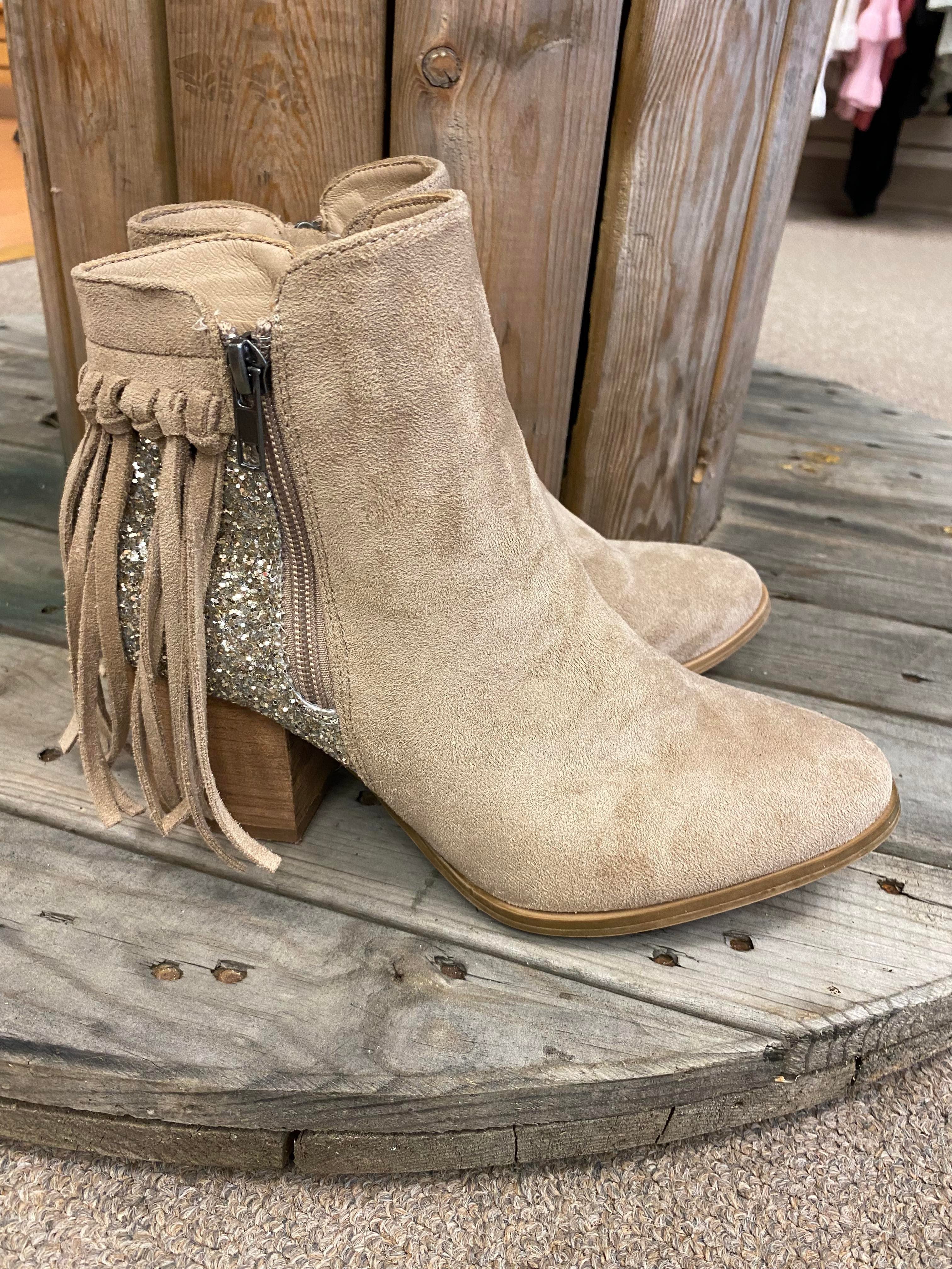 Festivities Fashion Boots Booties tassels, glitter, and a zipper on each side Taupe & Black