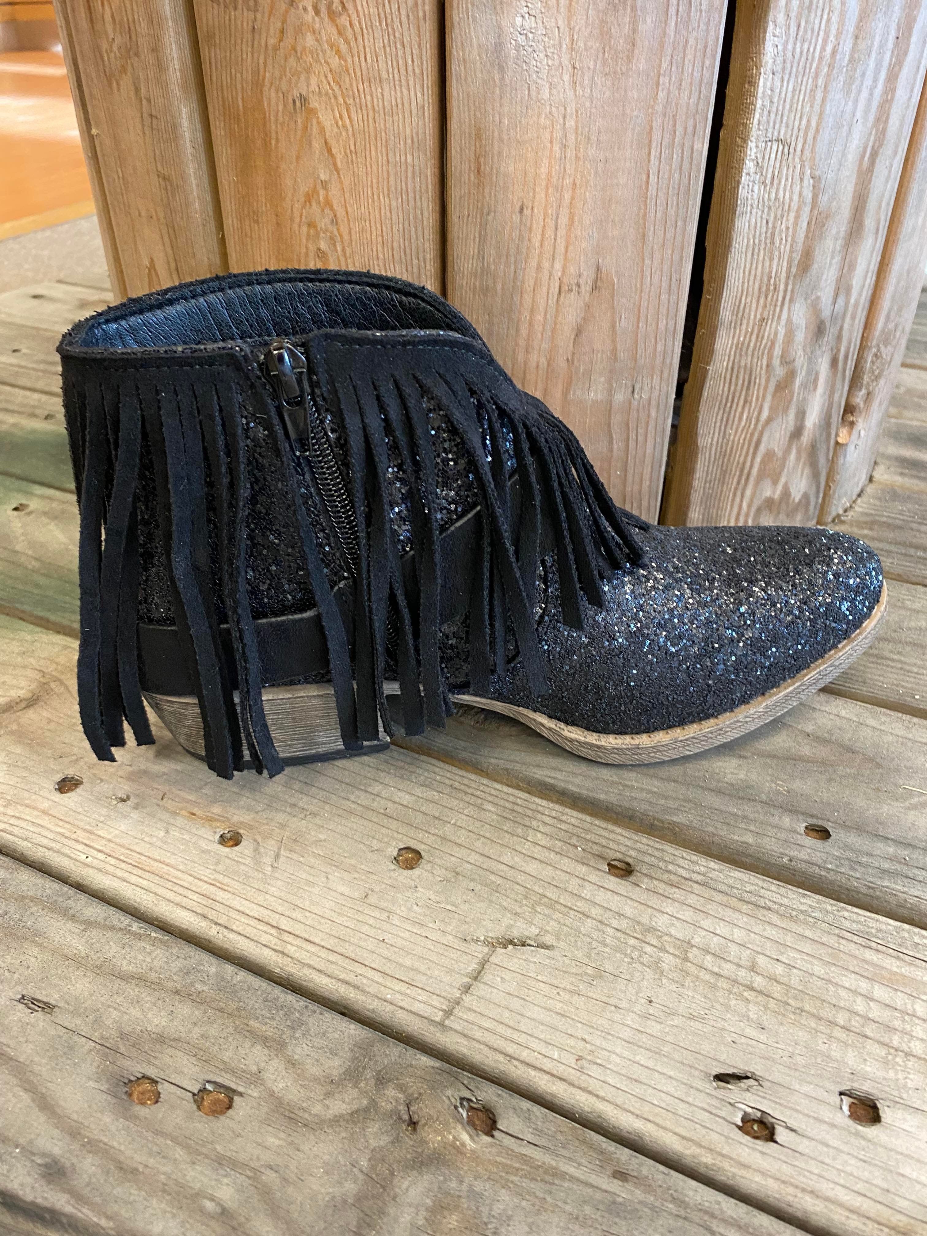 BILLIE Western Buckle Black Tassel Sparkle Boots Inside zipper