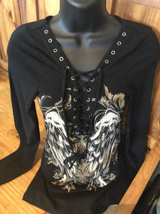 Plus Size Women’s rhinestone wing lace up sleeve tie up sleeve top  Rebel rock bikers prints Skull
