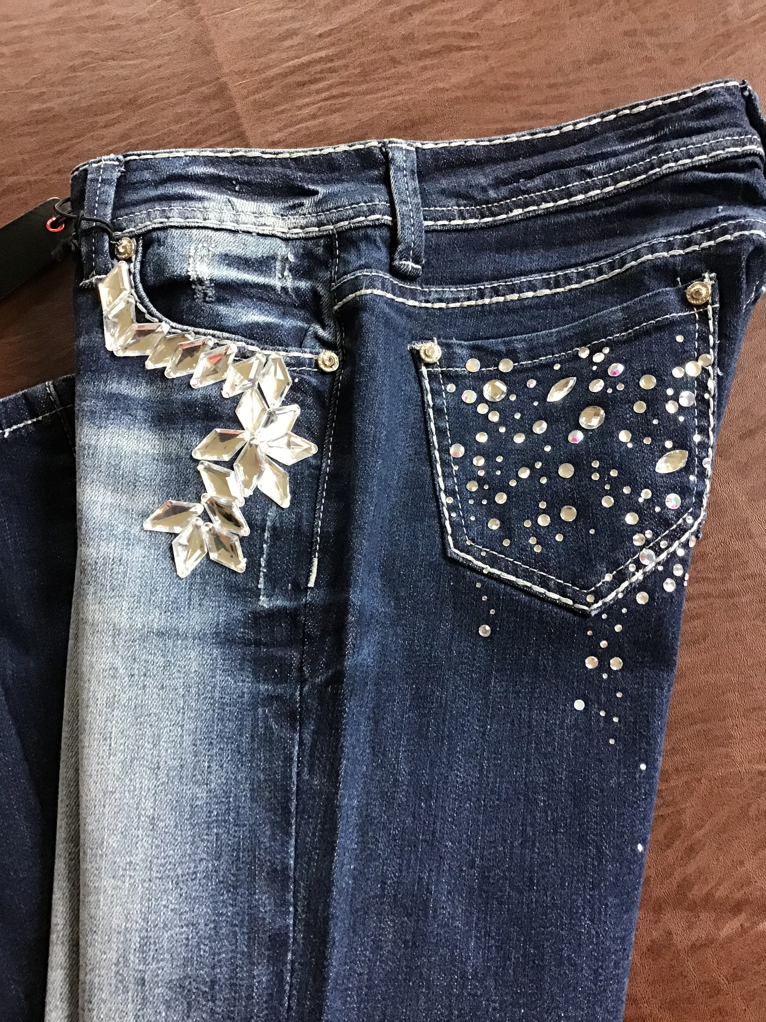 Womens bling Jeans straight leg crystals along front pockets and