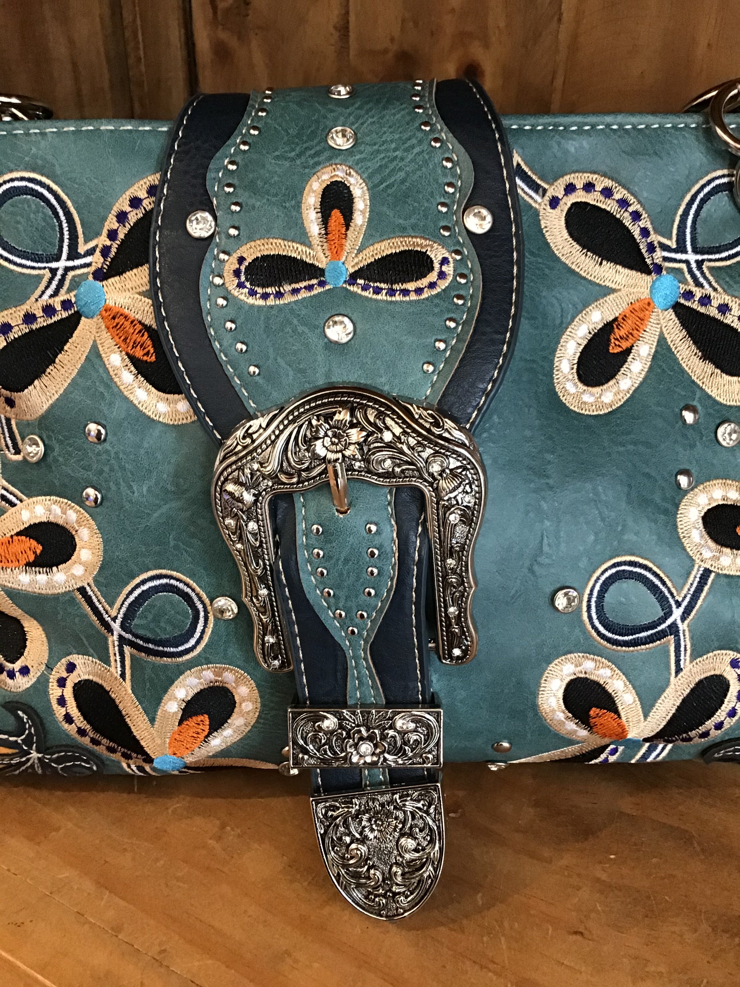 Turquoise Western Buckle Floral Embroidery Buckle
