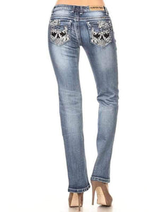 Boot cut denim biker Skull Jean on back pocket