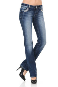 Womens bling Jeans straight leg  crystals along front pockets and embellished left back pocket