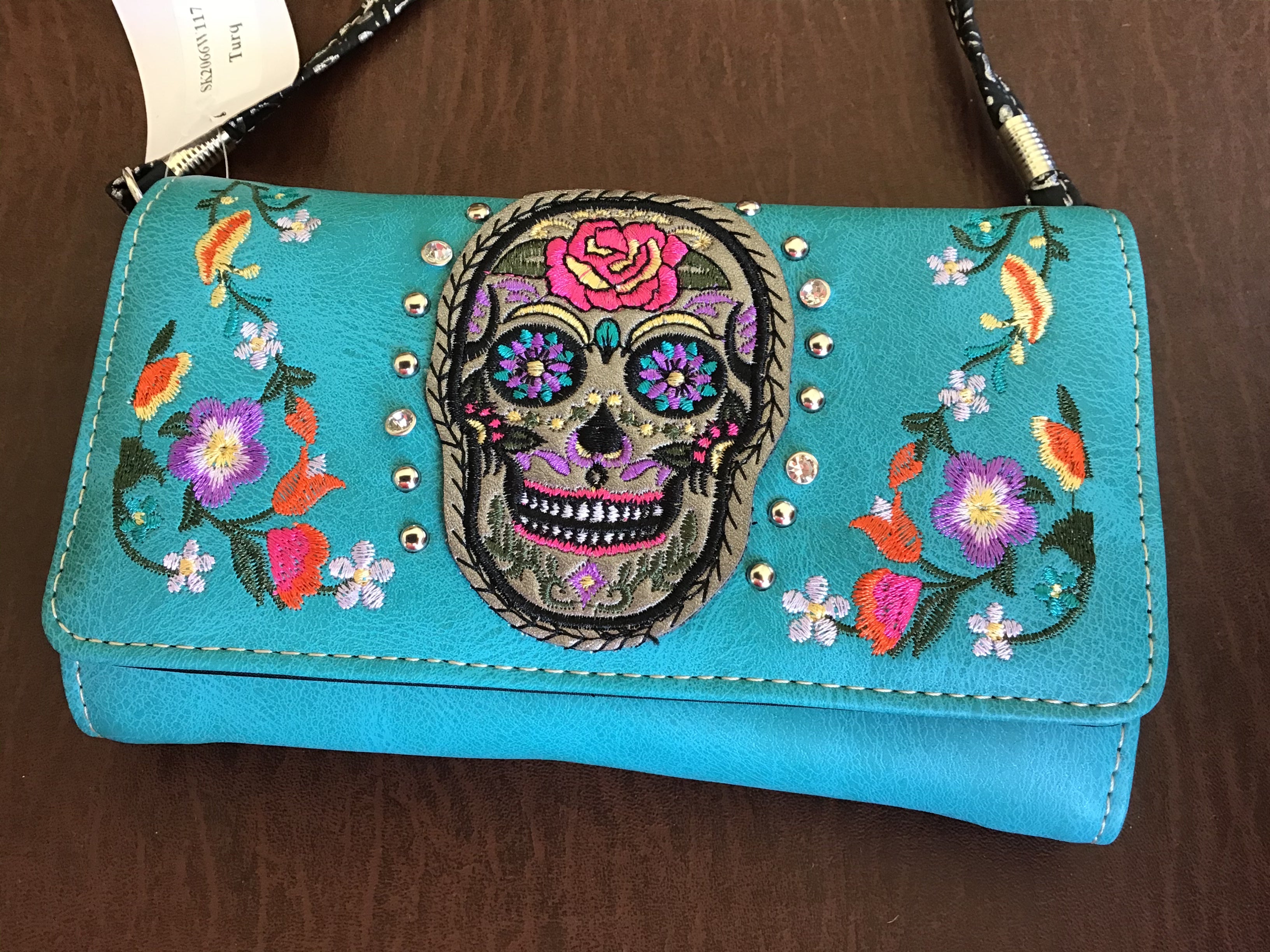 Western Sugar Skull Trifold Clutch Cross body Wallet-Turquoise , Black, Purple & Hot Pink