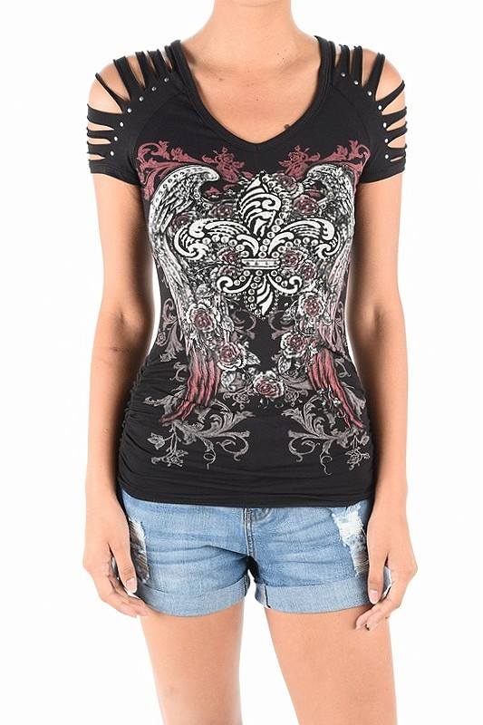 Bling Rhinestone Cross Wings Peekaboo Open Cold Shoulder