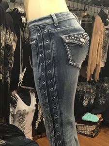 Tie up on leg women’s fashion jeans  Women’s boot cut jeans tie up along the side sexy biker style western style