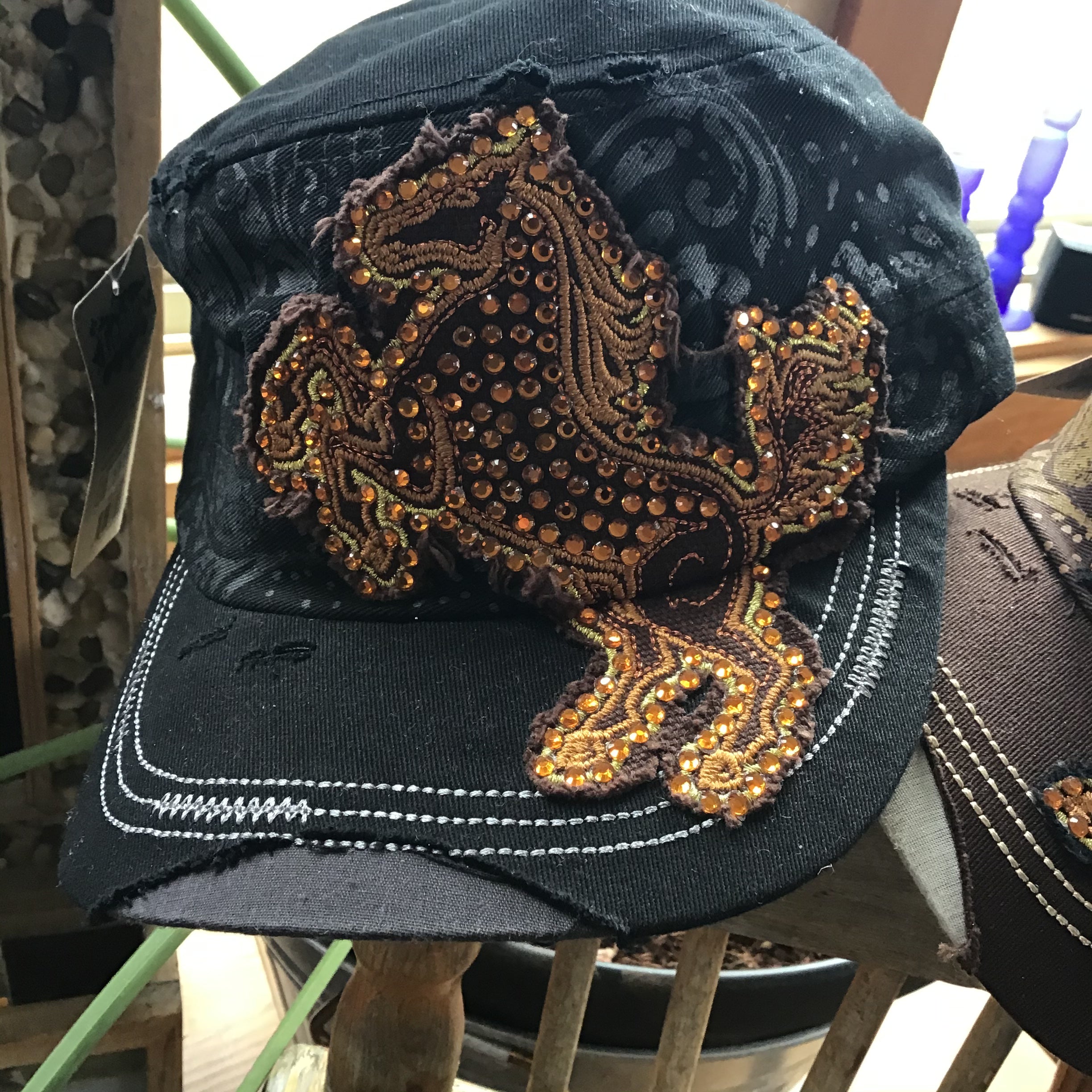 Mustang horse Cadet Ball hat with gorgeous bling distressed look
