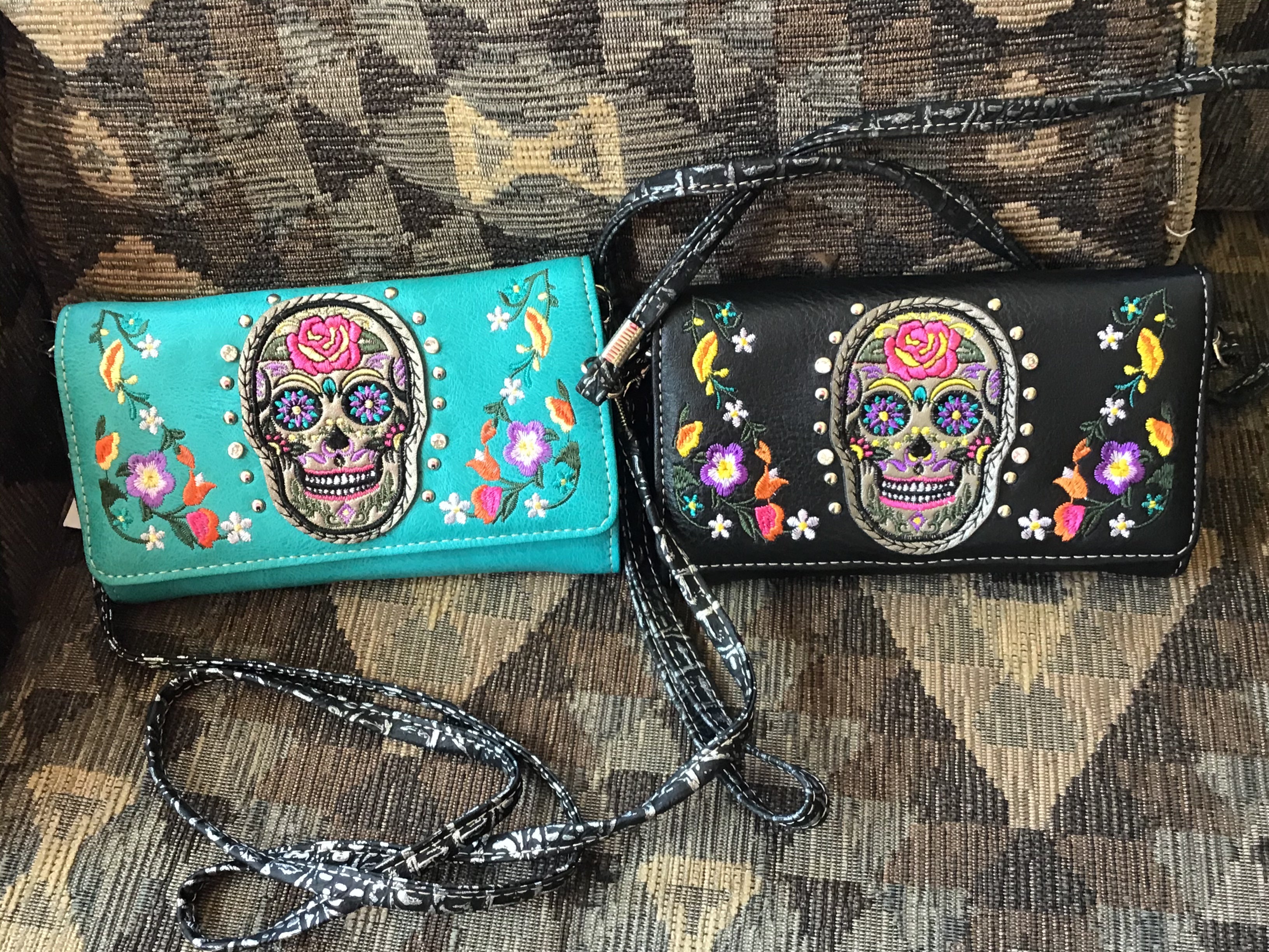 Western Sugar Skull Trifold Clutch Cross body Wallet-Turquoise , Black, Purple & Hot Pink